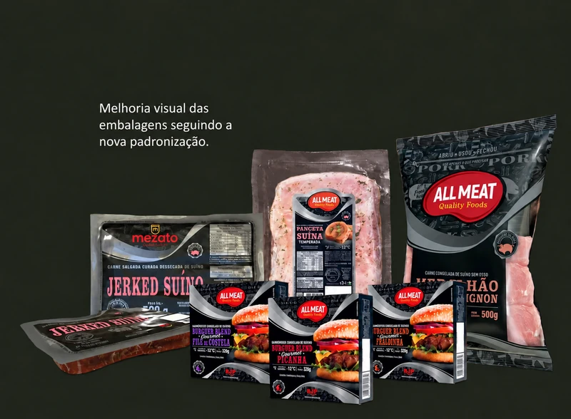 Linha de embalagens de produtos All Meat com identidade visual padronizada