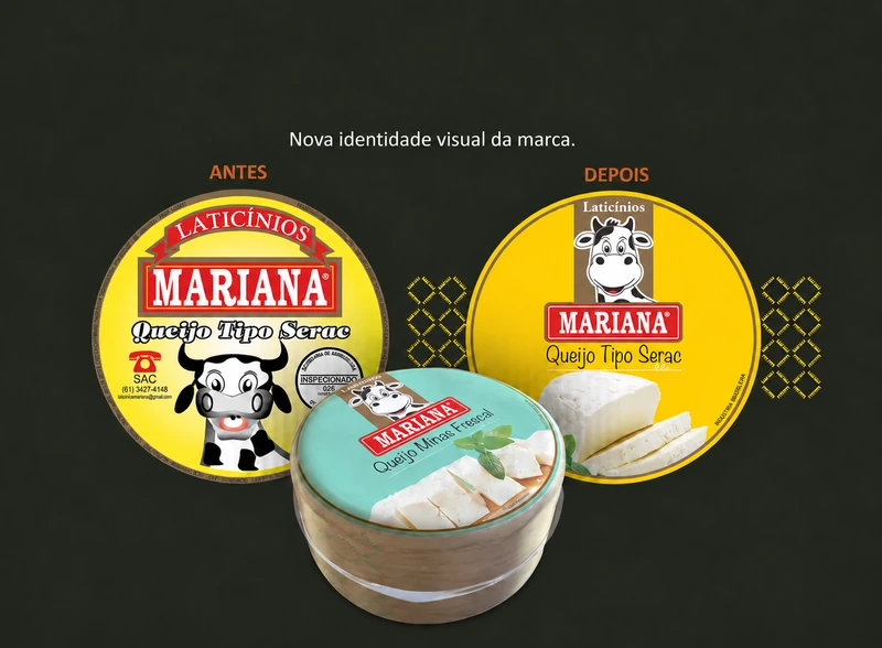 Identidade visual da Laticínios Mariana aplicada aos produtos